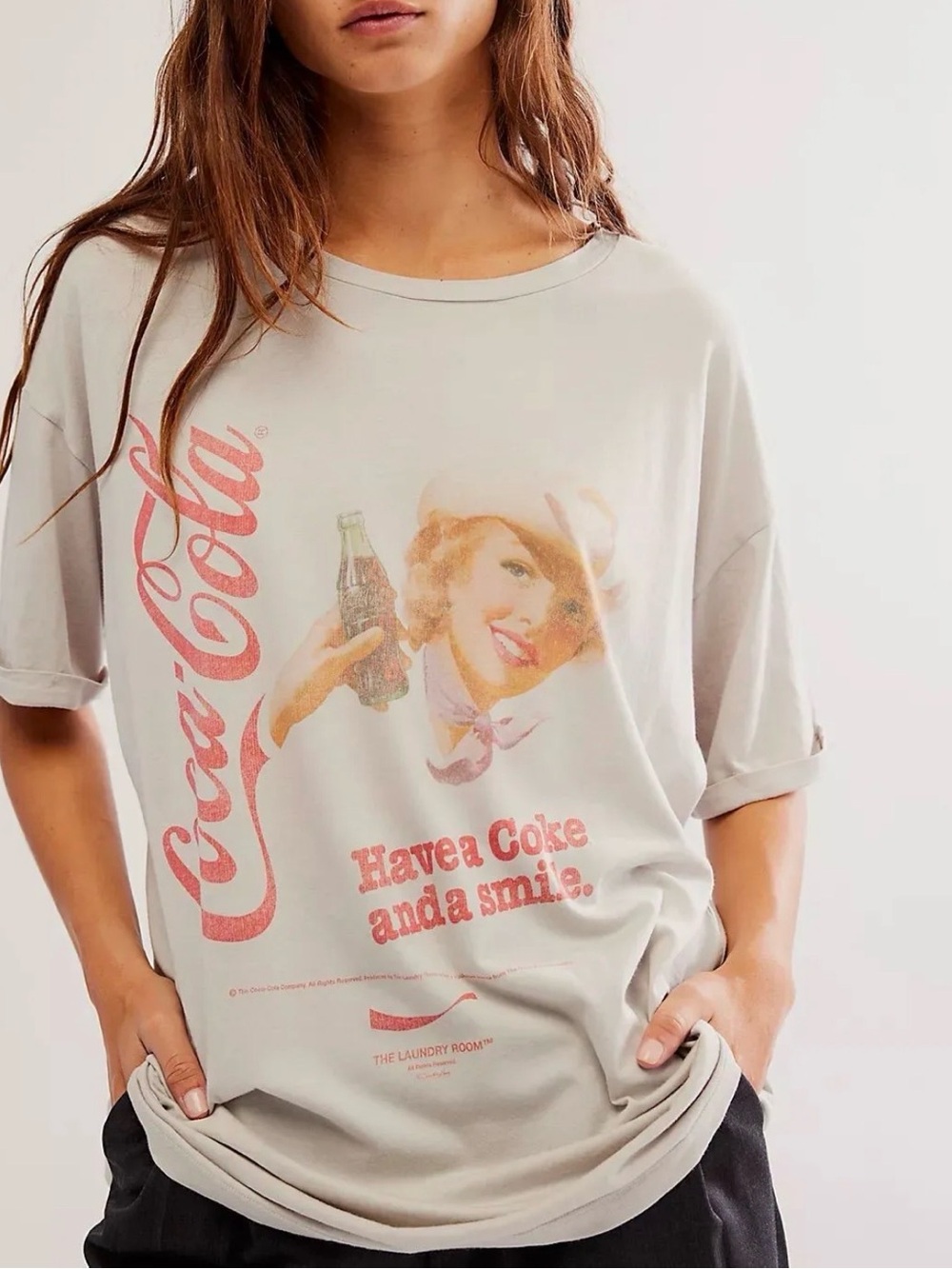 NEW Free People The Laundry Room Coke Gal Smile Oversized Tee size large